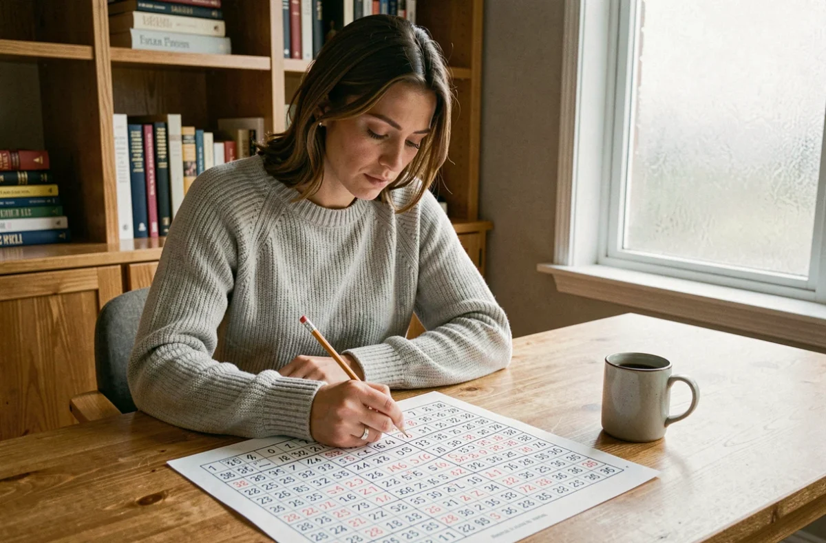Femme concentrée résolvant une grille de yakazu imprimée à son bureau en bois avec un crayon et un café