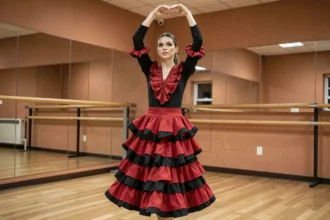 Femme en robe de flamenco rouge posant en studio de danse traditionnel espagnol pour débutants