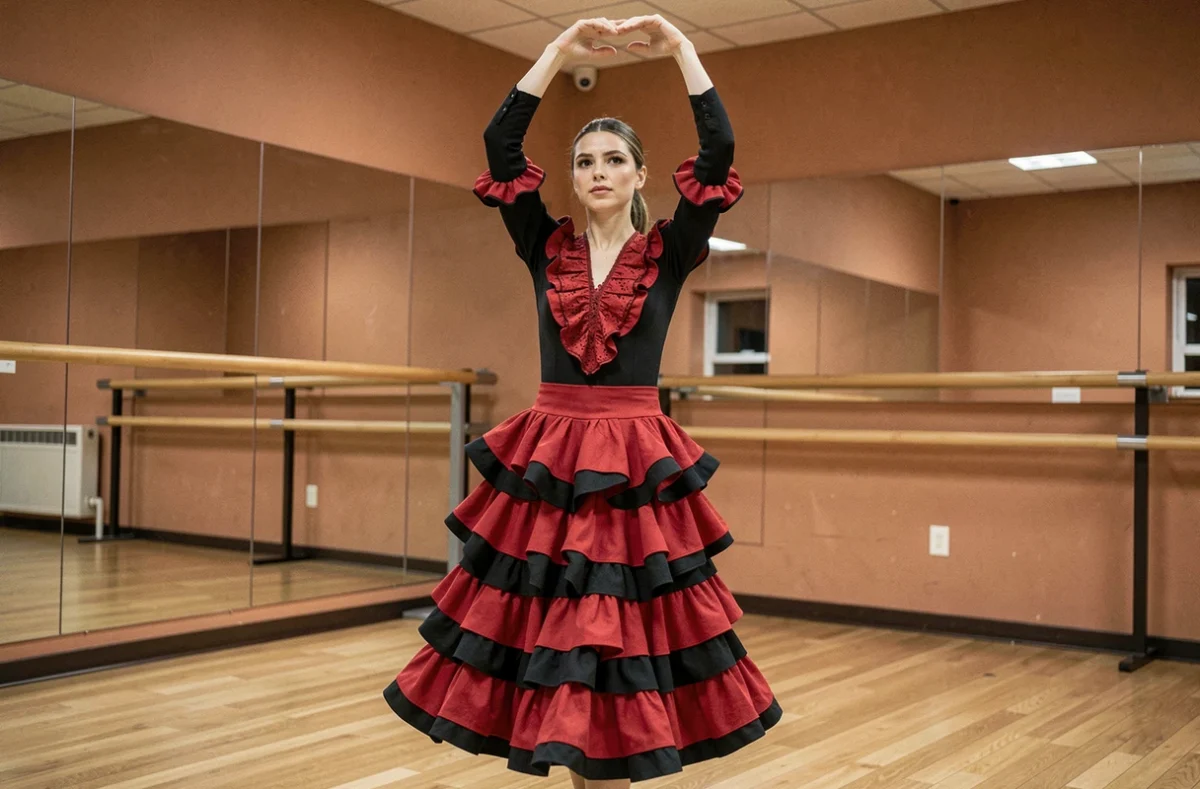 Femme en robe de flamenco rouge posant en studio de danse traditionnel espagnol pour débutants