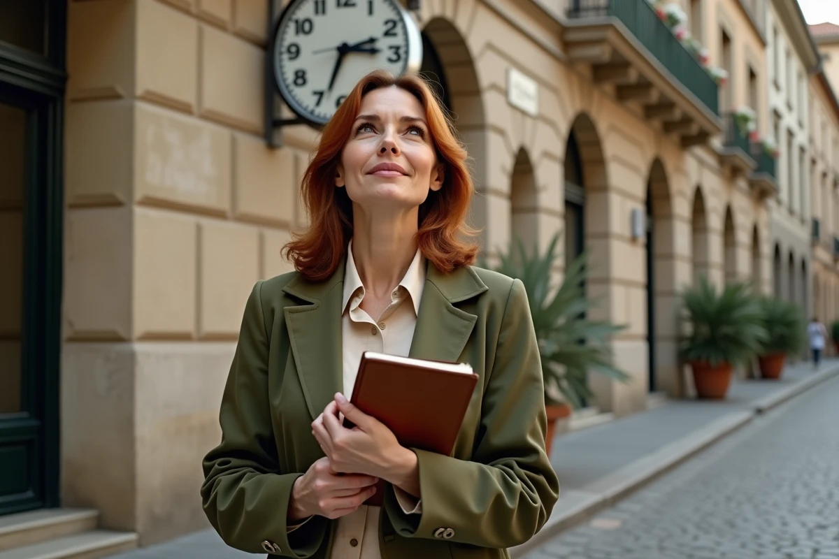 Femme observant une horloge publique à 14h41 dans une rue pavée européenne, symbolisant les signes de l'univers et la loi de l'attraction