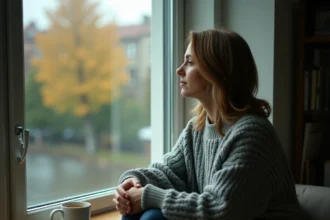 Femme mélancolique assise seule près d'une fenêtre sous la pluie, illustrant la solitude et la tristesse