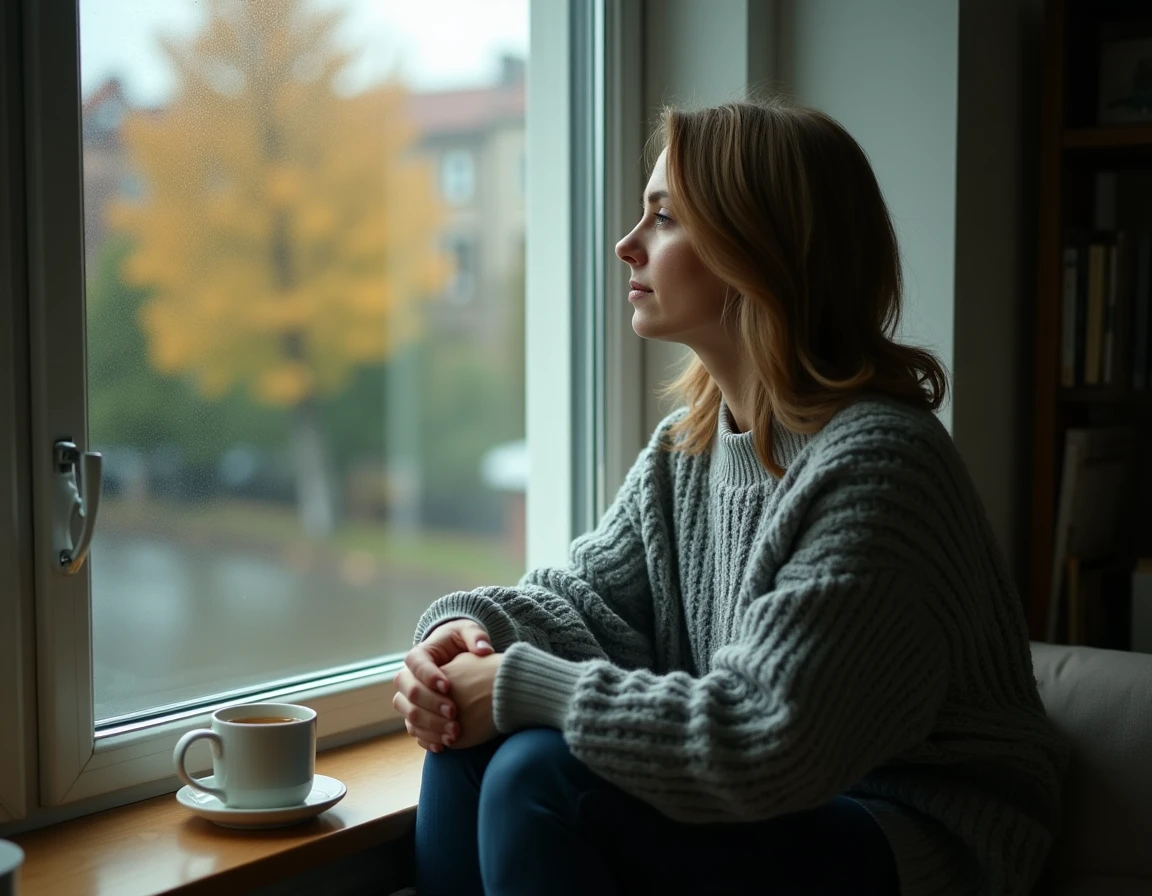 Femme mélancolique assise seule près d'une fenêtre sous la pluie, illustrant la solitude et la tristesse