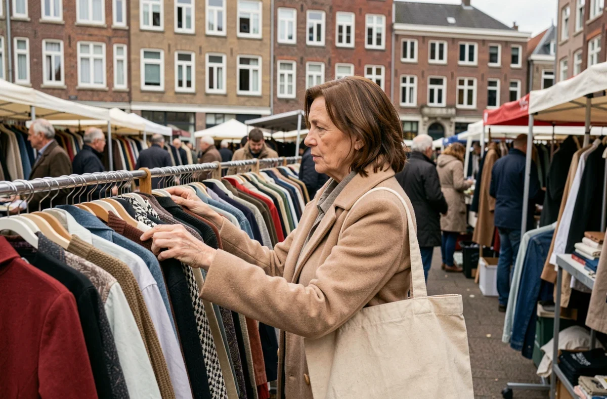 Femme parcourant des vêtements de seconde main à une braderie près de Lille