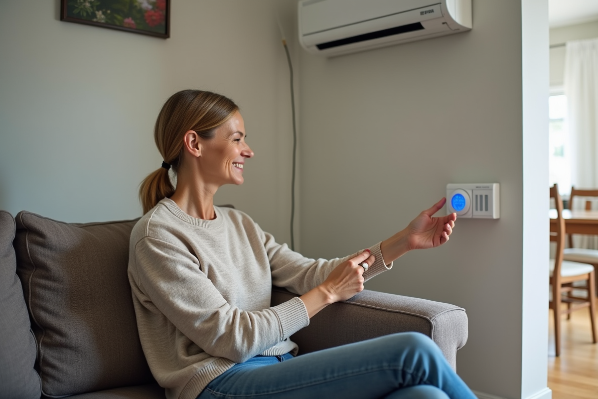 Femme ajustant un thermostat intelligent dans un salon moderne