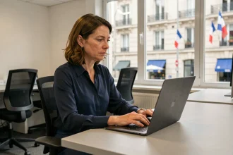 Femme travaillant seule dans un bureau vide un jour férié en France