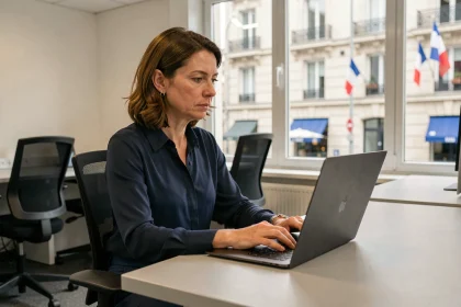 Femme travaillant seule dans un bureau vide un jour férié en France