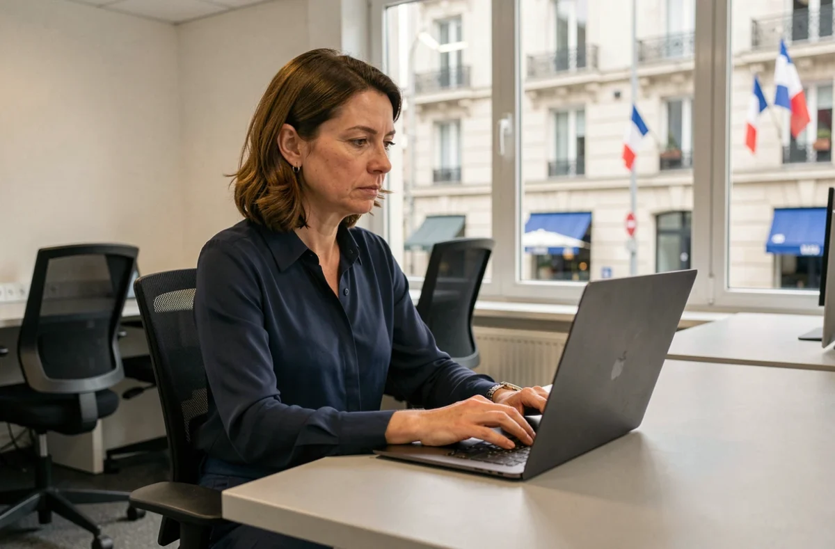 Femme travaillant seule dans un bureau vide un jour férié en France