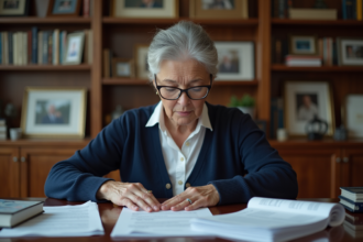 Femme d'âge moyen triant des documents officiels à son bureau