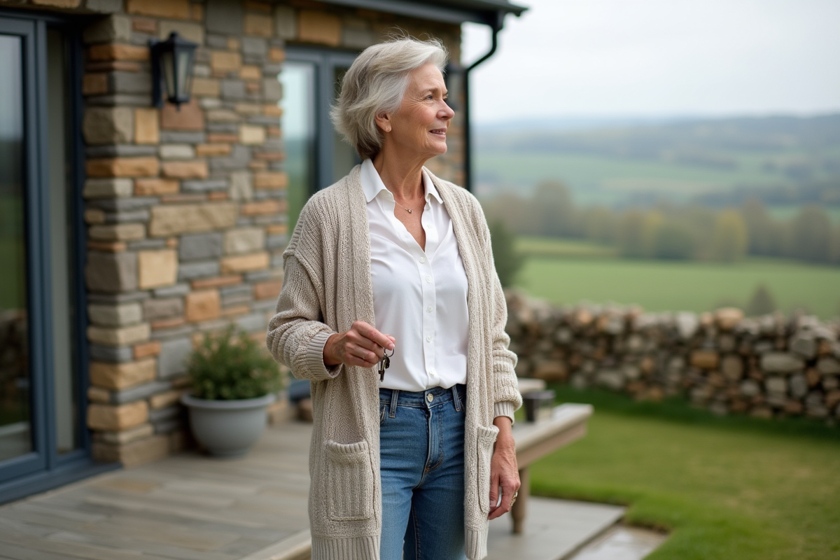 Femme âgée regardant la campagne depuis sa terrasse