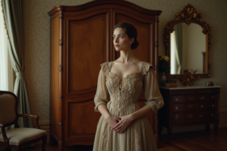 Femme élégante en robe vintage du début 20e siècle