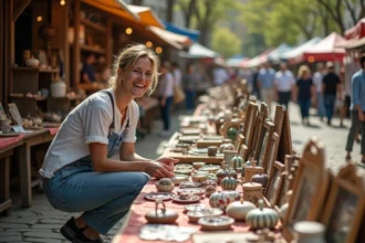 Femme souriante examinant des objets vintage au marché en plein air