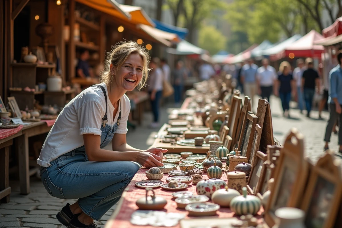 Femme souriante examinant des objets vintage au marché en plein air
