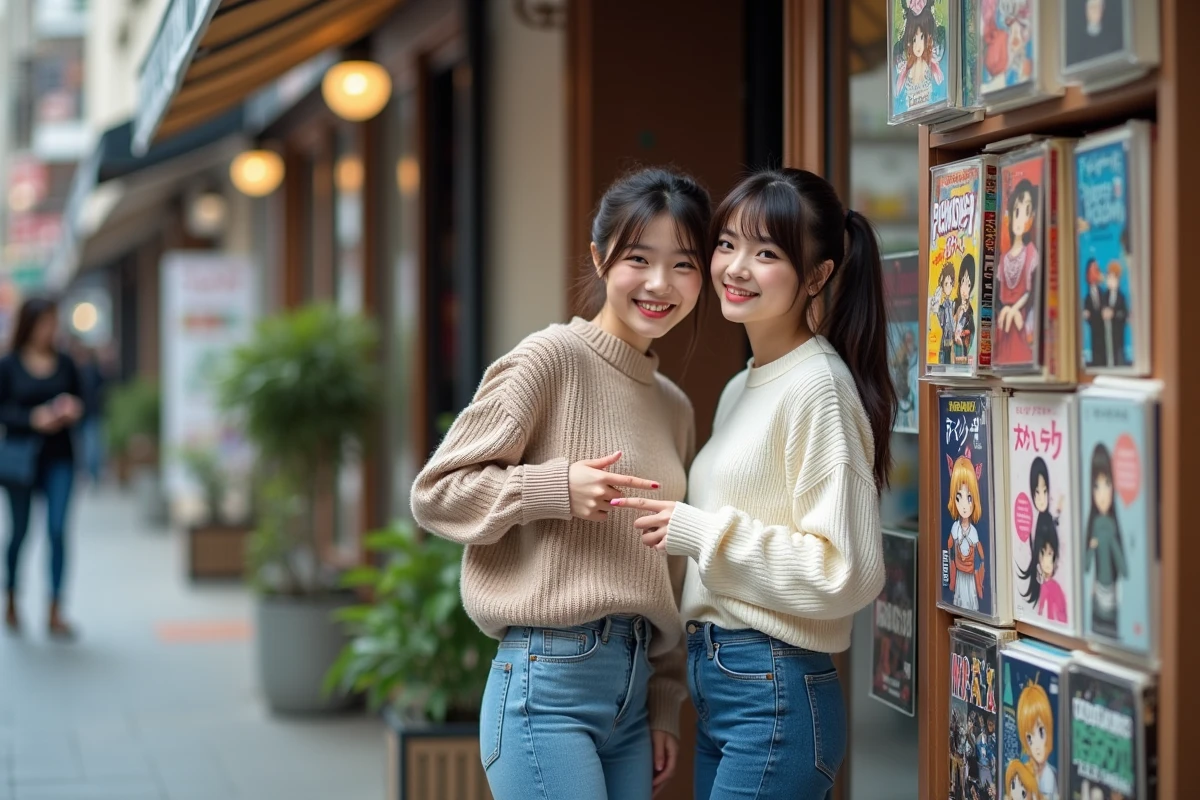 Deux jeunes femmes devant une librairie manga en ville