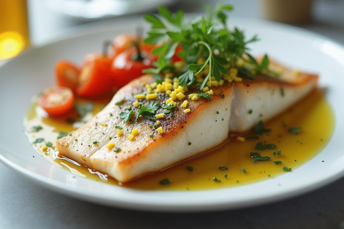 Filet de mer cuit servi sur une assiette blanche avec herbes et citron