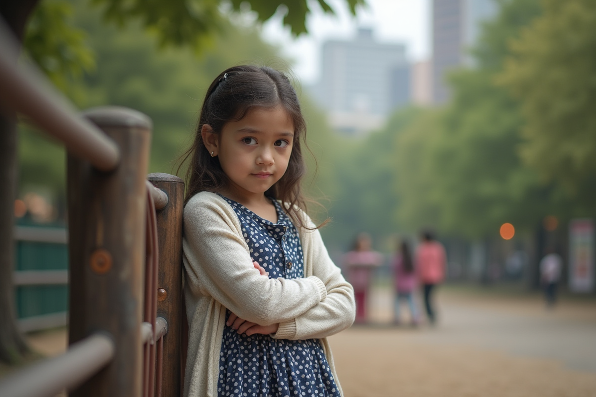 Fille de 10 ans appuyée contre une barrière de parc en ville