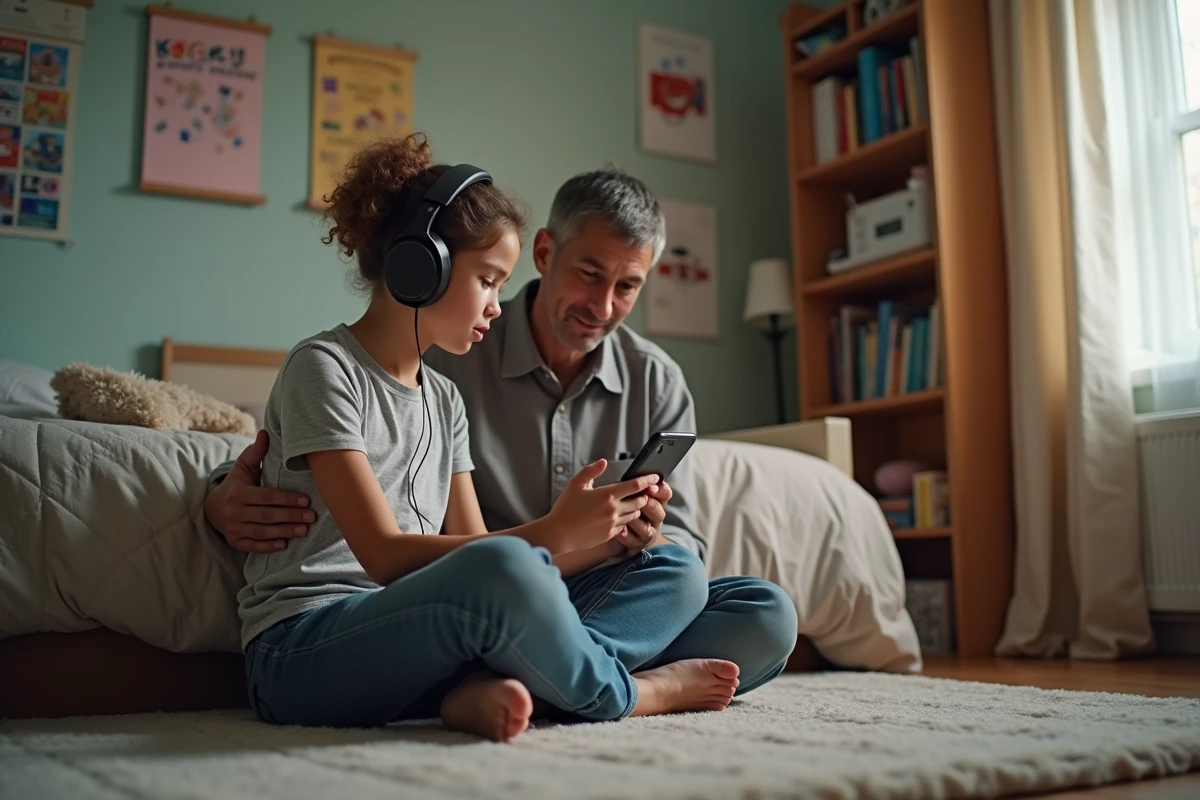 Fille adolescente avec écouteurs dans sa chambre