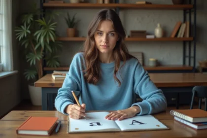 Jeune femme écrivant la lettre A et a en classe