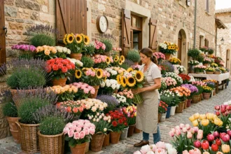 Marché floral en Occitanie avec une fleuriste arrangeant des bouquets colorés devant une façade en pierre
