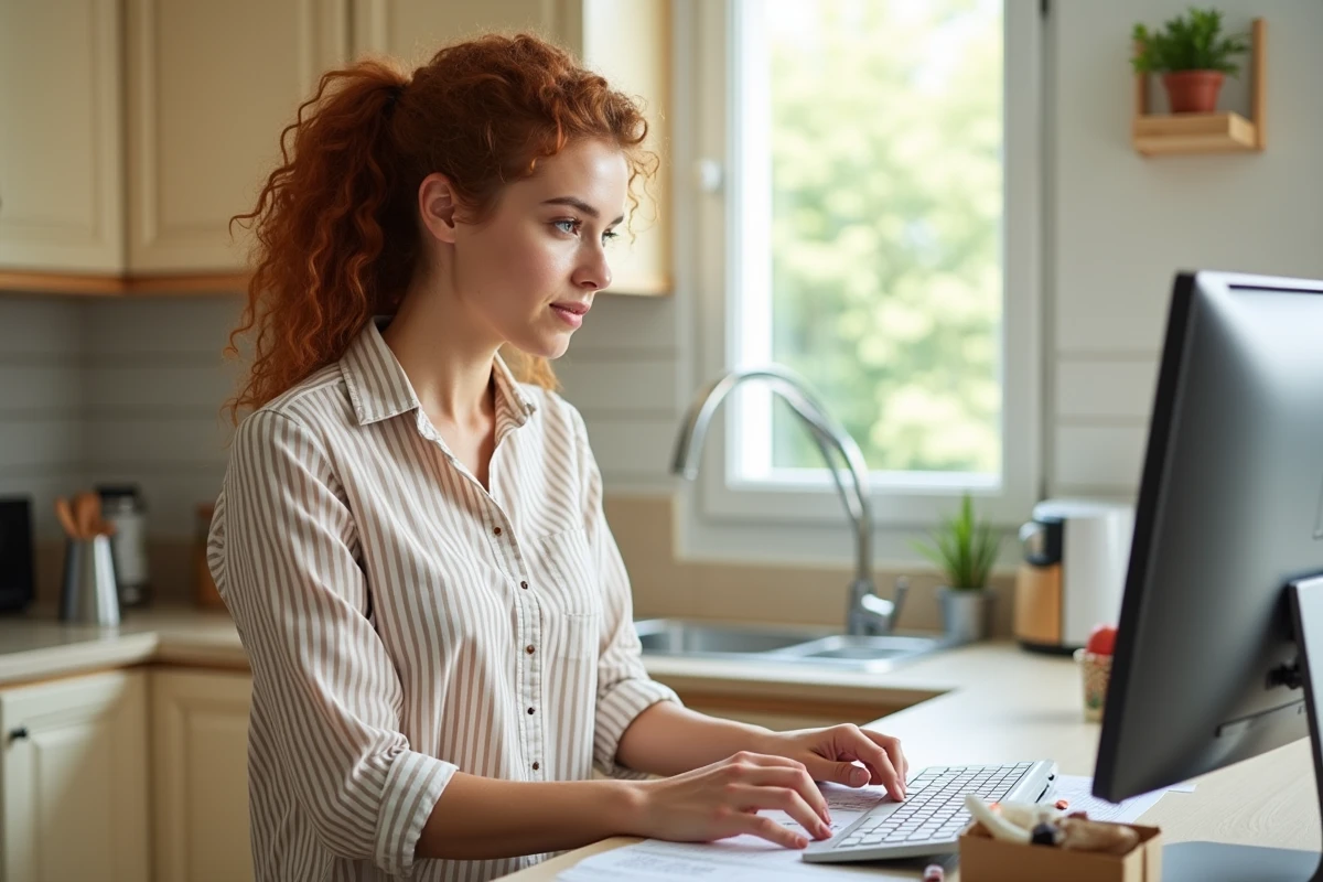 Jeune femme remplissant un formulaire de réclamation AliExpress en ligne depuis son ordinateur de bureau dans une cuisine