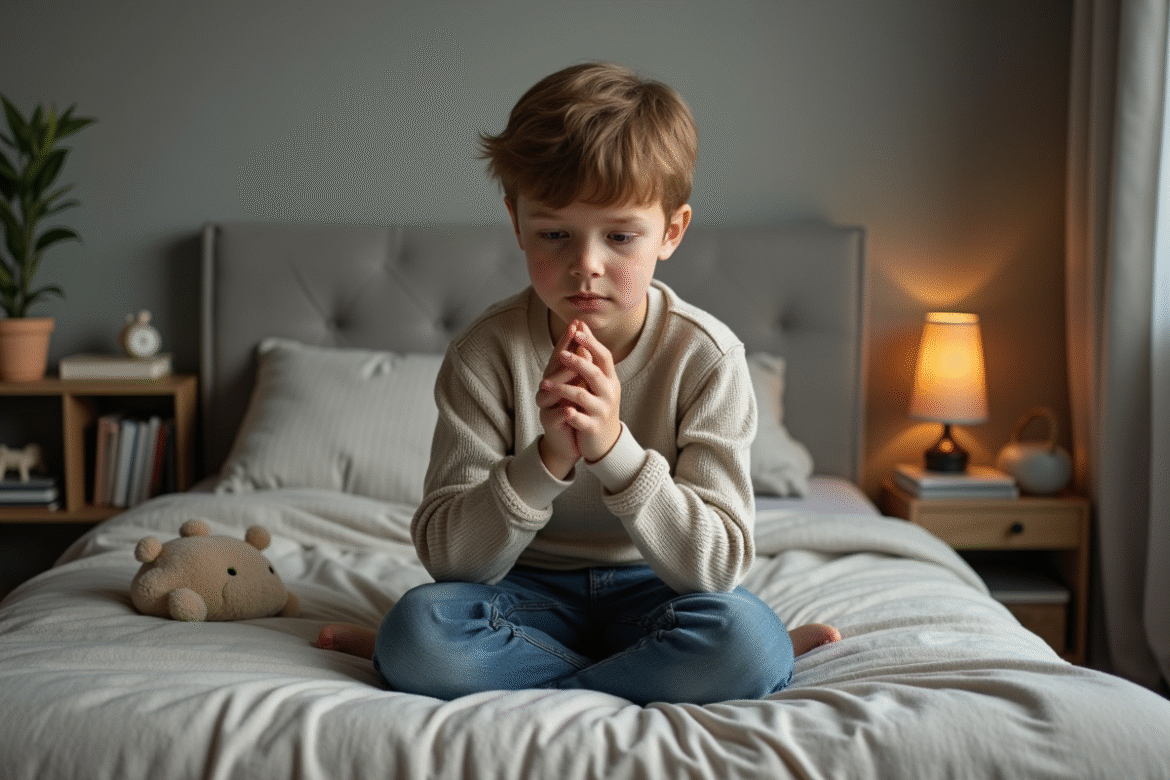 Garçon de 8 ans assis sur son lit dans une chambre chaleureuse