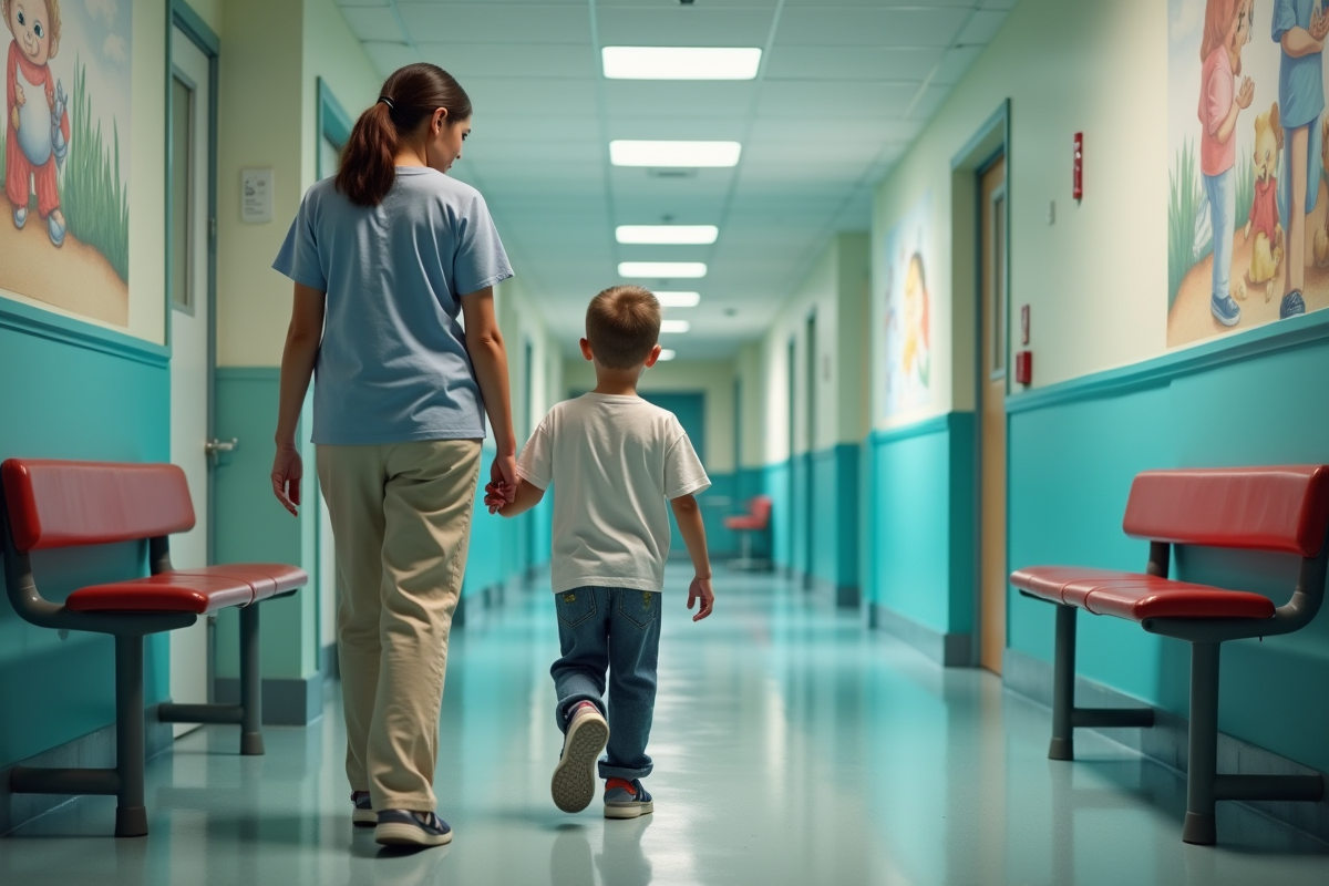 Garçon et sa mère marchant dans un couloir d
