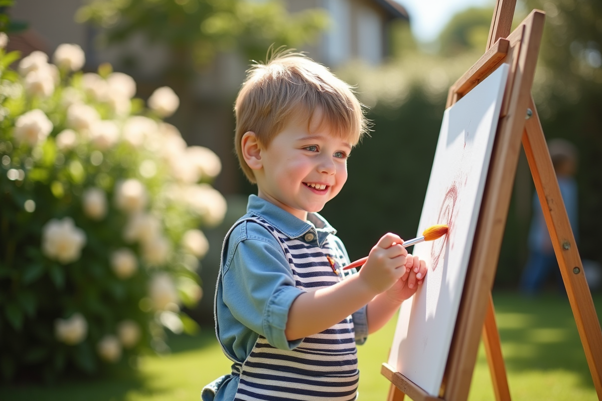 Garçon en tablier peignant dans un jardin ensoleille