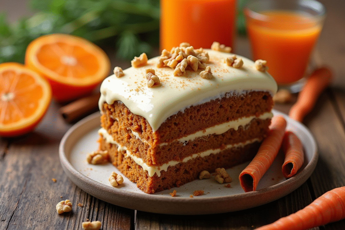 Gâteau à la carotte tranché avec glaçage crémeux et noix