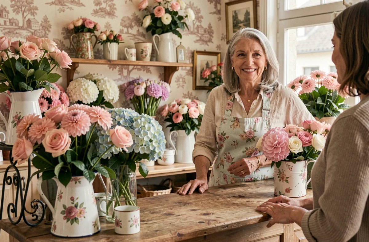 Boutique Gisèle Fleurs à Tarbes avec fleuriste accueillant une cliente parmi des bouquets de roses et hortensias