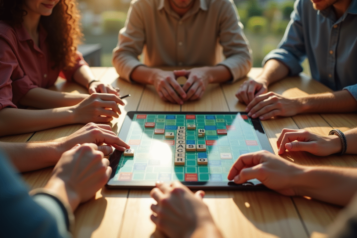 Groupe d'adultes jouant au Scrabble sur une tablette