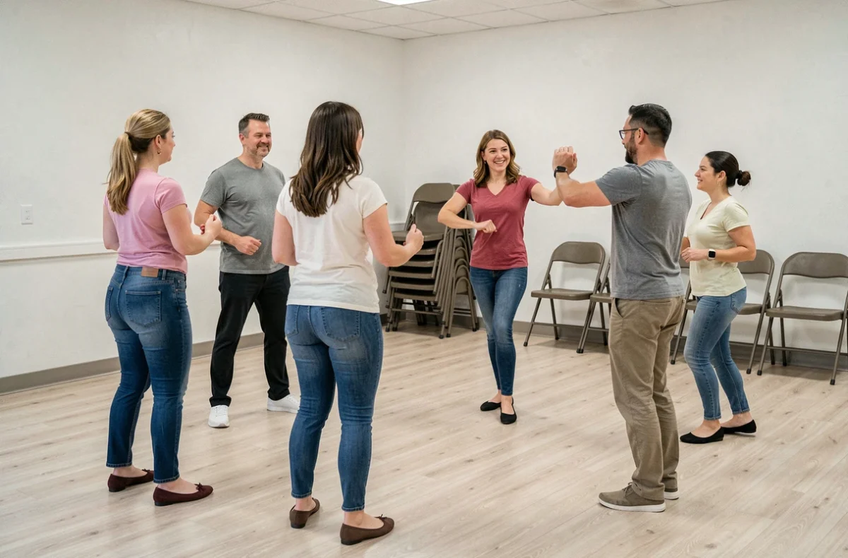 Groupe de débutants adultes apprenant le pasodoble lors d'un cours de danse traditionnelle espagnole