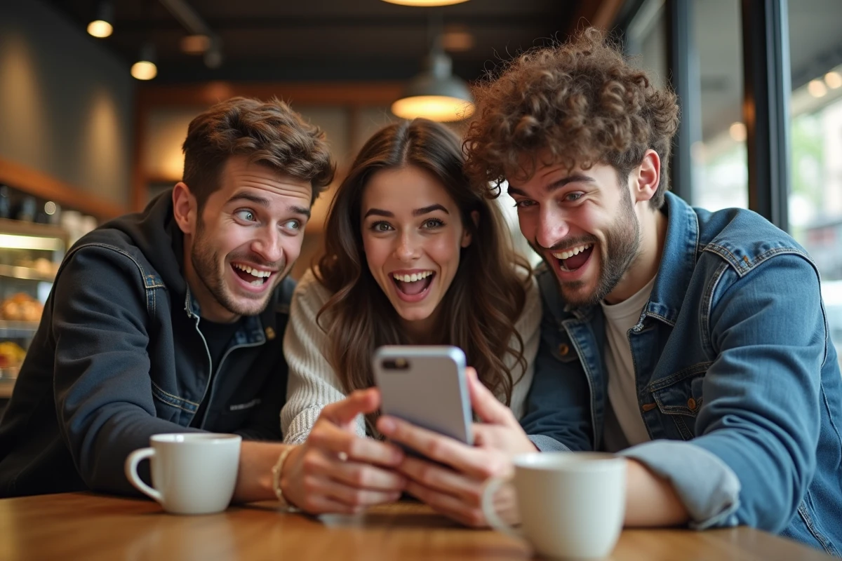 Groupe de jeunes adultes réagissant ensemble à des vidéos brainrot italiennes sur un smartphone dans un café