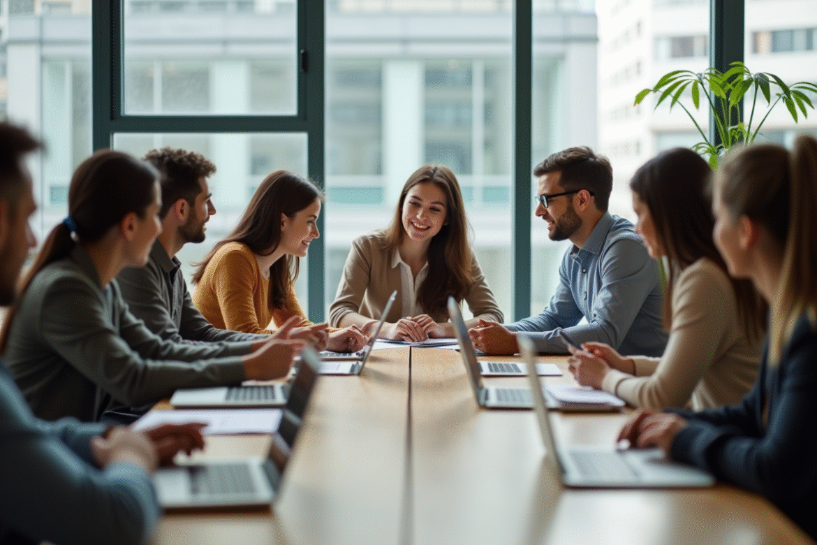 Groupe de jeunes professionnels collaborant dans un bureau lumineux