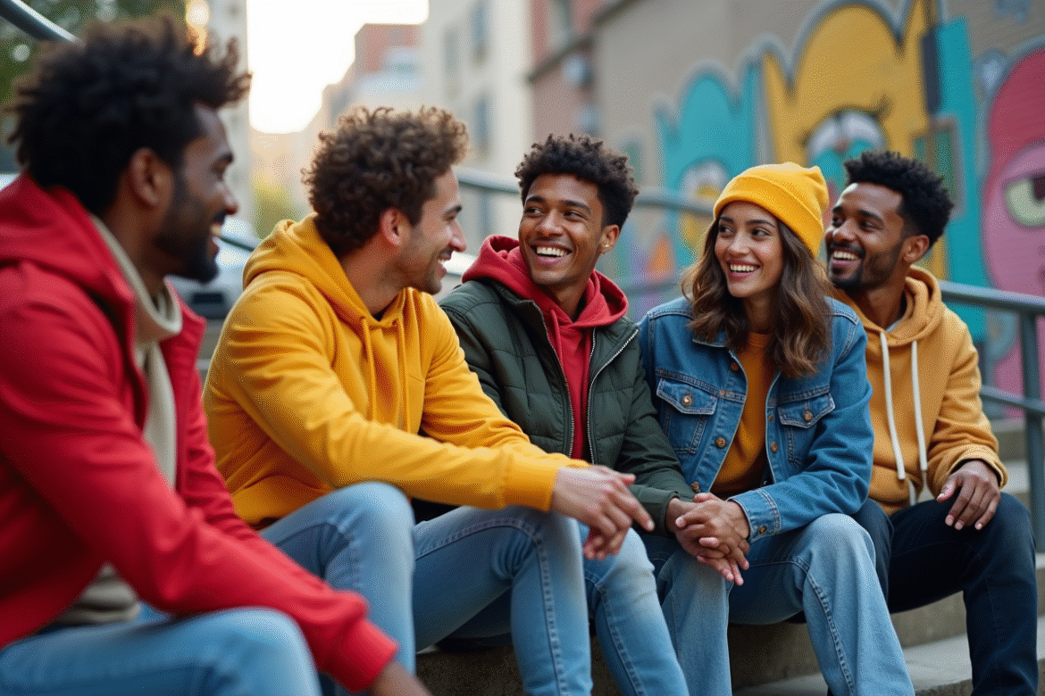 Groupe de jeunes en streetwear coloré sur les escaliers urbains