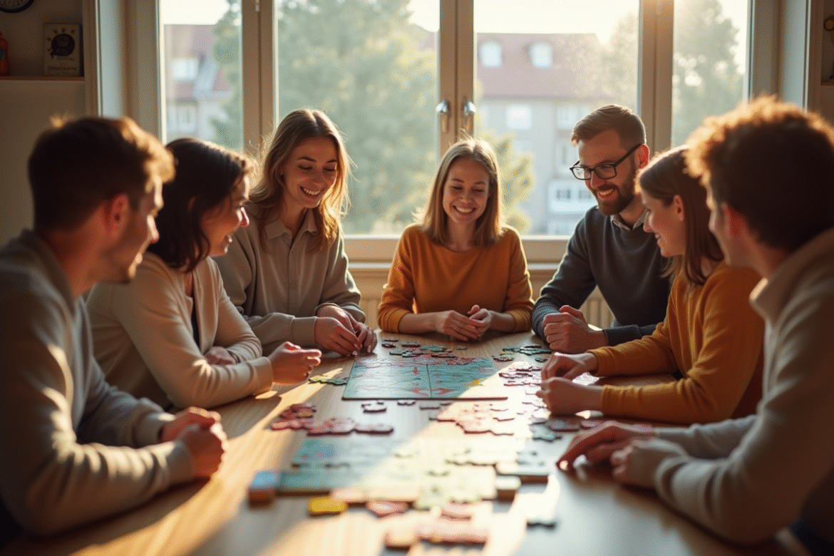 Groupe diversifié jouant à des jeux de société dans un salon lumineux