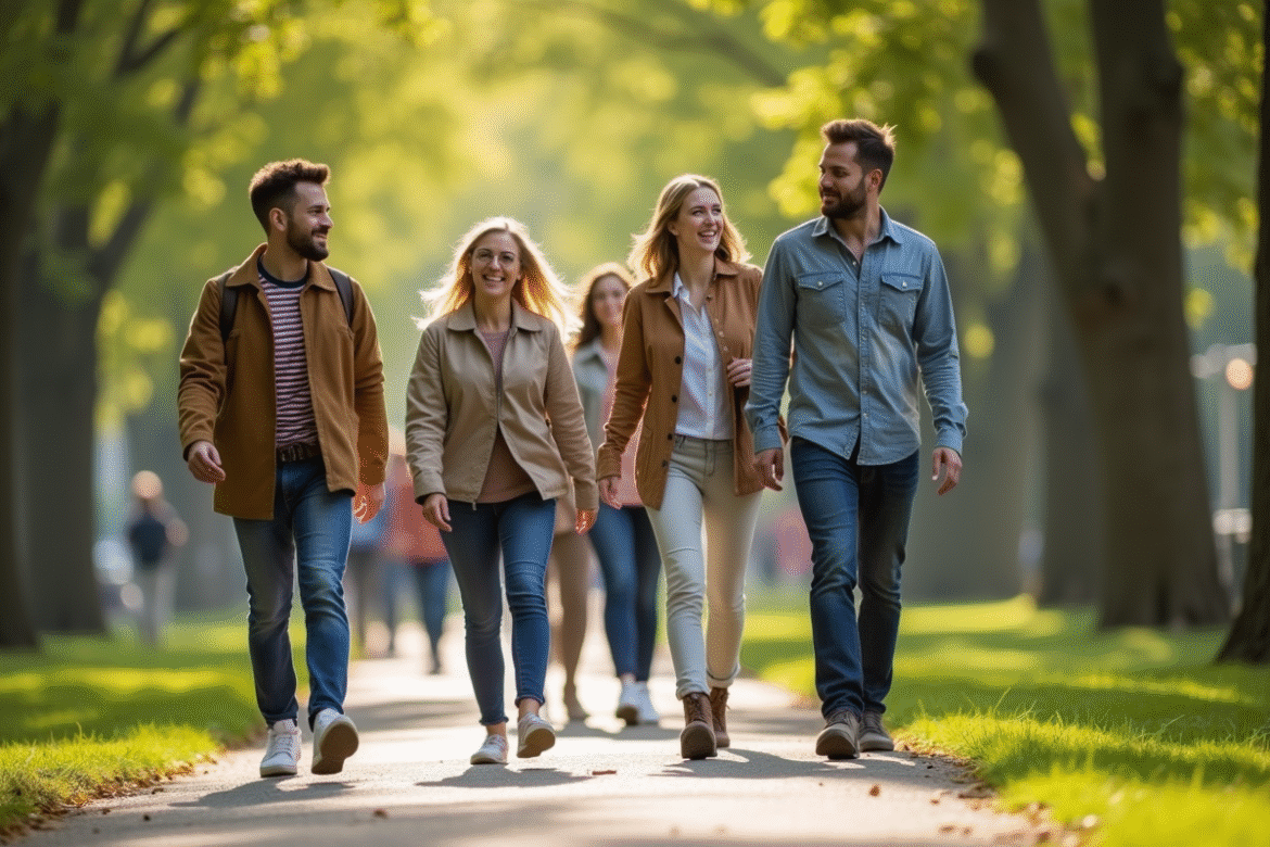 Groupe de personnes marchant dans un parc ensoleille