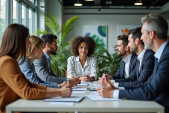 Groupe de professionnels en réunion dans un bureau moderne