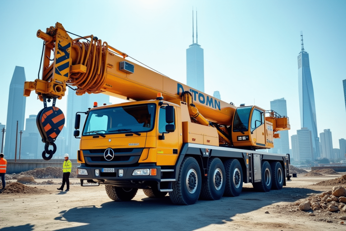 Grue de 10 tonnes sur un chantier en ville en plein jour