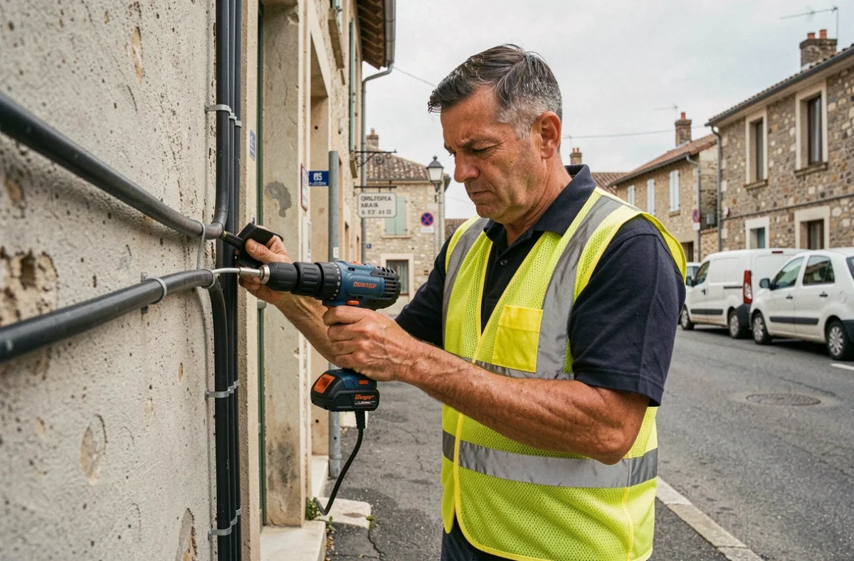 Électricien Guerin Électricité posant des conduits électriques sur un bâtiment commercial en Ardèche
