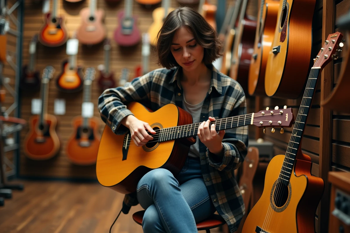 Guitariste jouant une guitare acoustique dans une boutique de musique avec plusieurs marques exposées