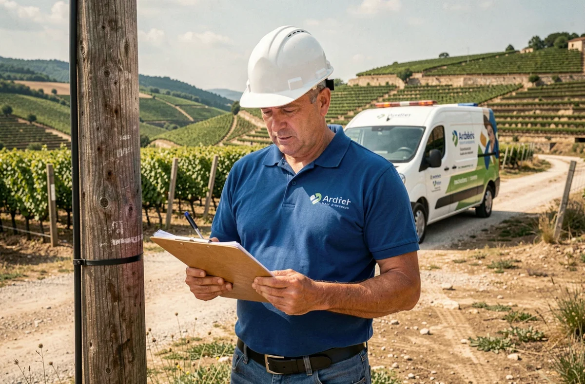 Technicien Herellier Darnat Electricité consultant un document technique près d'un poteau électrique en zone rurale ardéchoise