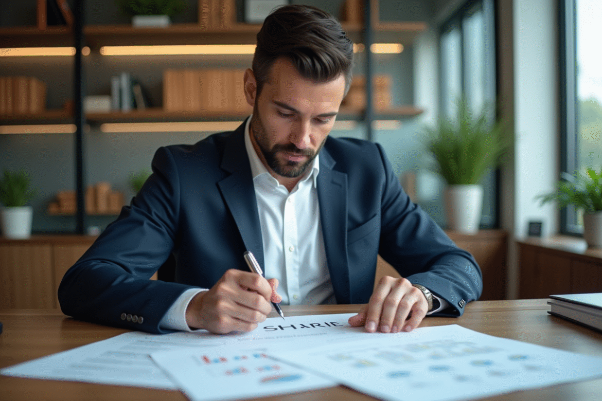 Homme d'affaires en costume navy dans un bureau moderne