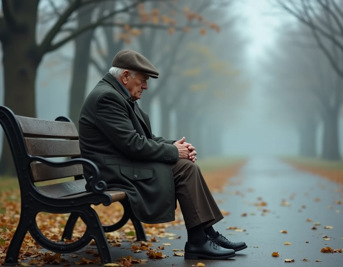 Homme âgé assis seul sur un banc de parc en automne, expression triste et solitaire