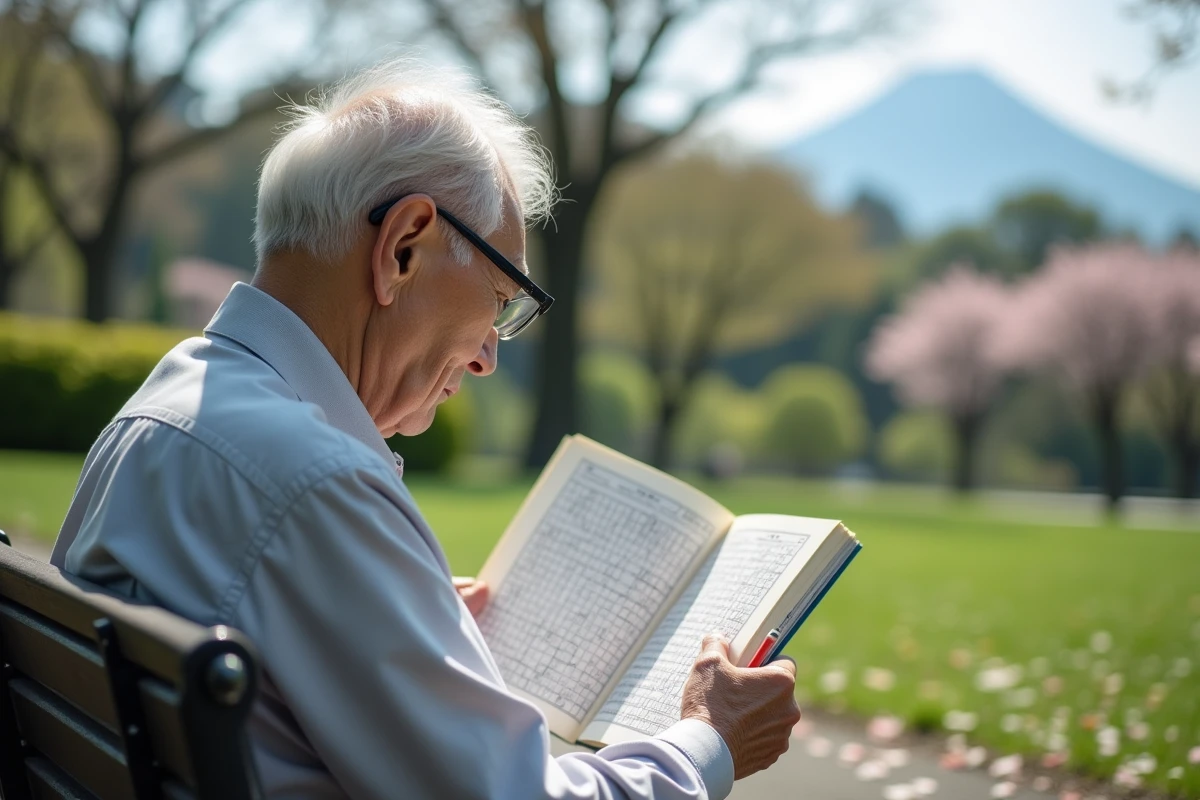 Homme japonais âgé résolvant un mots croises au parc