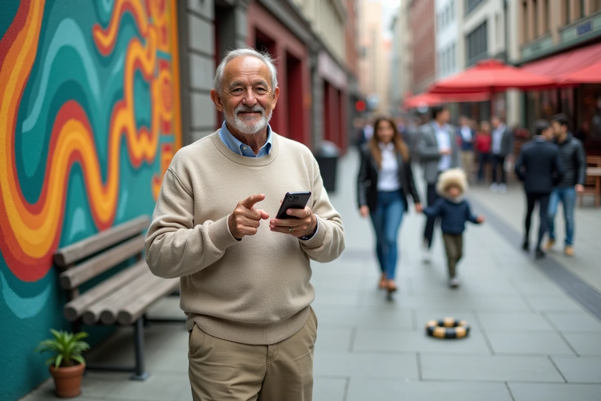 Homme âgé souriant pointant un doodle Google devant un mural Snake