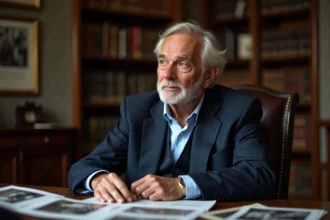 Homme agee en costume assis dans un bureau chaleureux