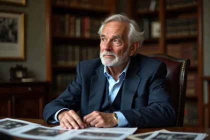 Homme agee en costume assis dans un bureau chaleureux