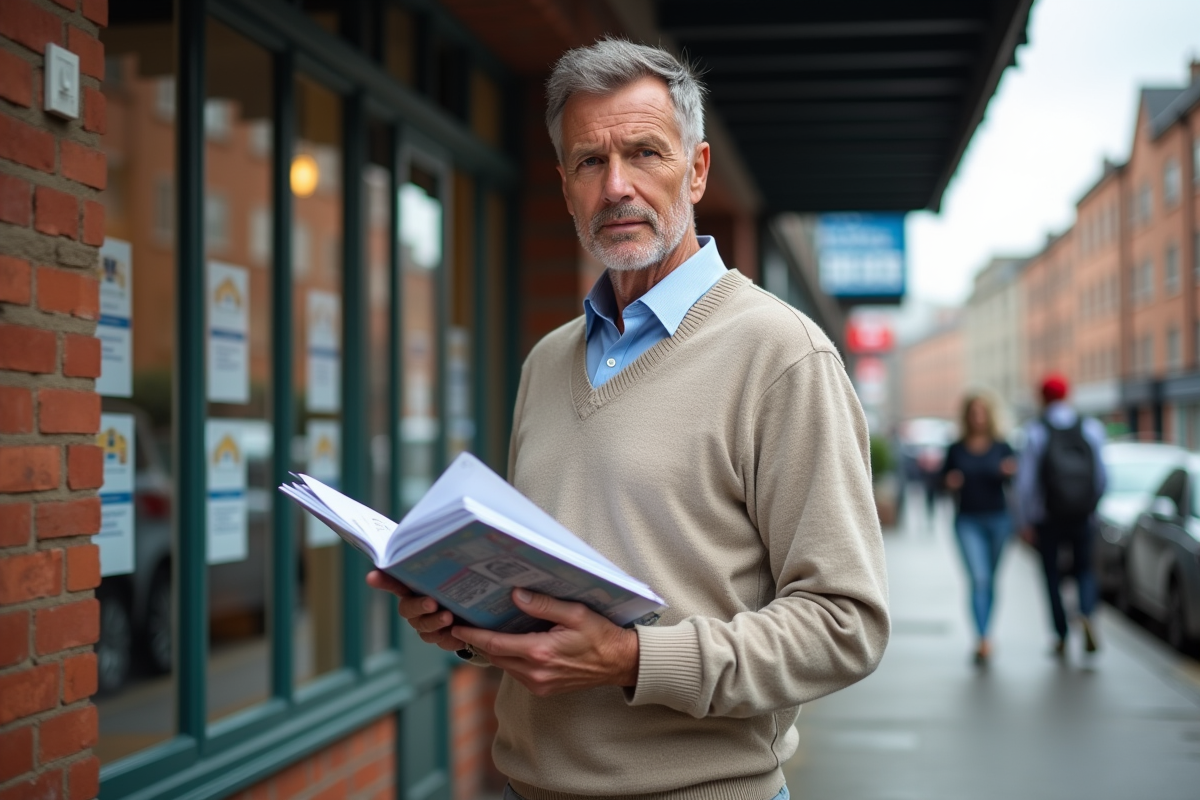 Homme d age moyen lisant brochures immobilières devant agence