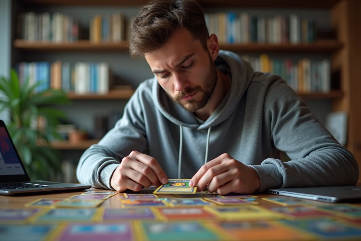 Homme analysant des cartes Pokémon holographiques sur une table en bois pour estimer leur valeur de revente