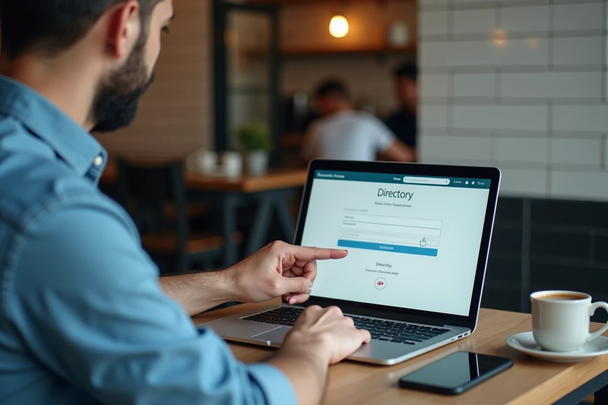 Homme consultant un annuaire téléphonique en ligne comme le 118 712 sur son ordinateur portable dans un café