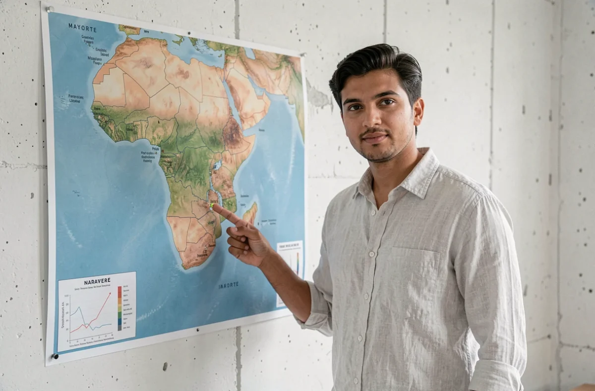 Homme pointant la localisation de Mayotte sur une grande carte murale de l'Afrique et de l'océan Indien
